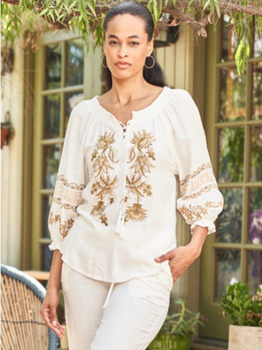 Cream Embroidered Peasant Blouse with Gold Floral Detail - Unbranded